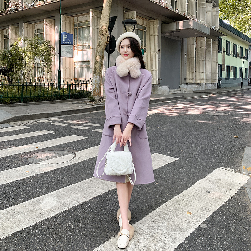 紫色羊绒大衣女春季2021新款气质女神范减龄娃娃领羊毛呢外套女潮