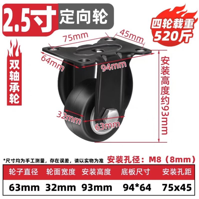 源メーカー黒色金ドリルキャスター1.5インチ2インチ方向性万能ブレーキ付きPUユニバーサルホイール家具小型車輪|undefined