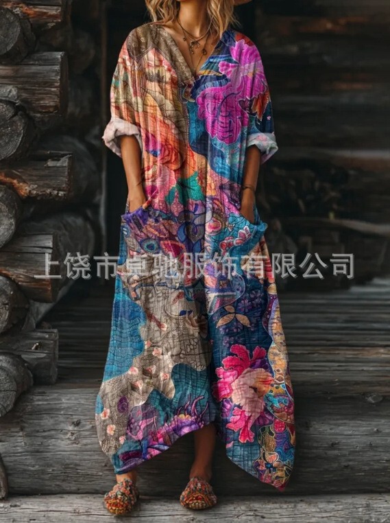 2025新款独立站女式复古花卉艺术图案印花口袋V领口袋连衣裙|undefined