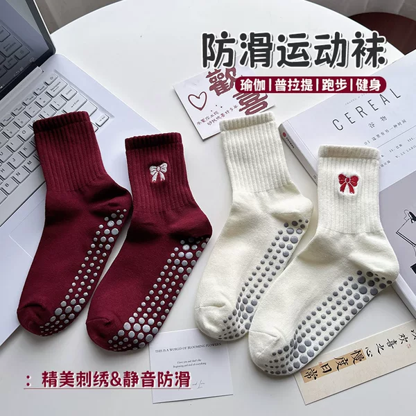Ankela Red Yoga Socks for Women, Professional Non-Slip Pilates Mid-Tube Embroidered Bow Sports Fitness Floor Socks