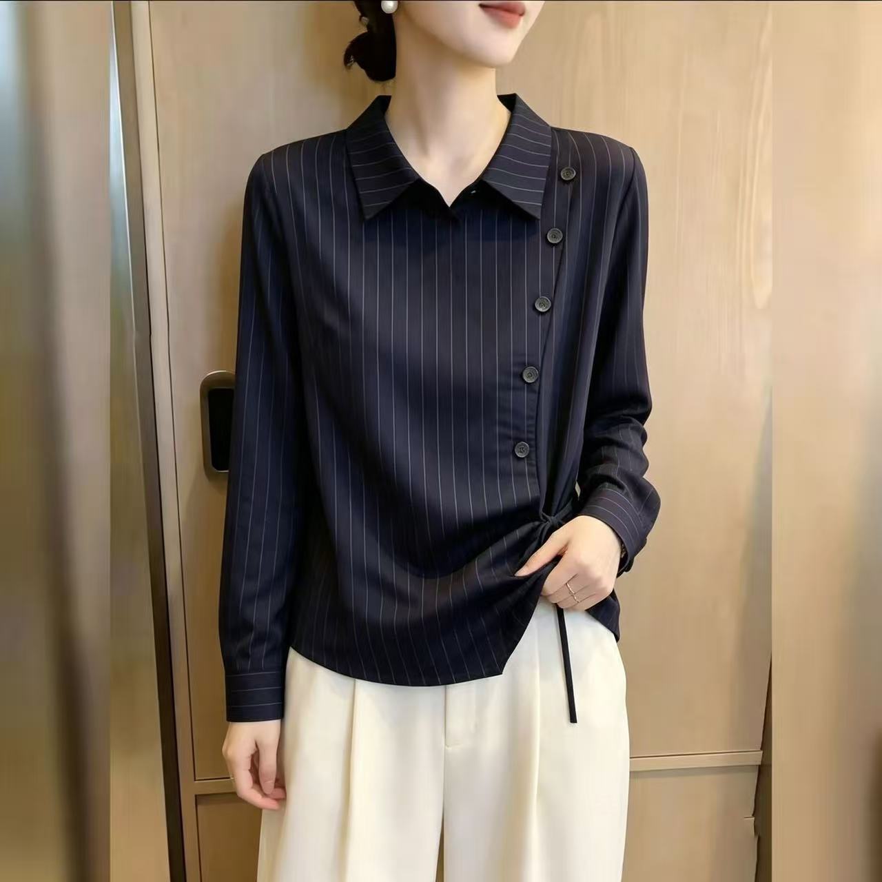 【一件代发】早秋新款女气质收腰显瘦上衣小衫时尚不规则条纹衬衫