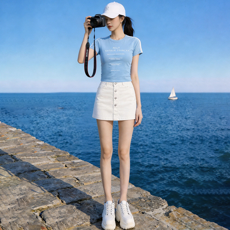 2026 New Summer Rhinestone Letter Short-Sleeve T-Shirt Slim-Fit Waist-Cinching Skirt Pants Denim Slimming Casual Fashion Set 2026 New Summer Rhinestone Letter Short-Sleeve T-Shirt Slim-Fit Waist-Cinching Skirt Pants Denim Slimming Casual Fashion Set
