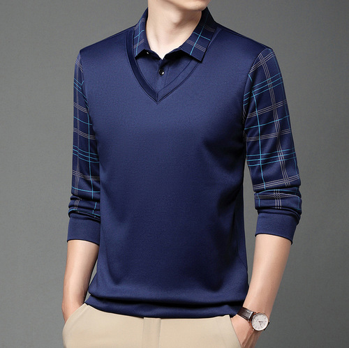 Men's Spring and Autumn Collared Long-Sleeve Checkered Polo Shirt for Middle-Aged and Elderly Leisure Splicing Two-Piece Business Casual Shirt