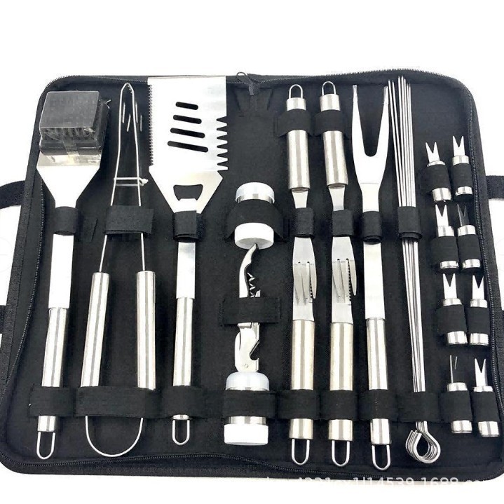 户外烧烤BBQ工具带叉铲夹刷小管柄工具布袋9件套装不锈钢烤具套装|undefined