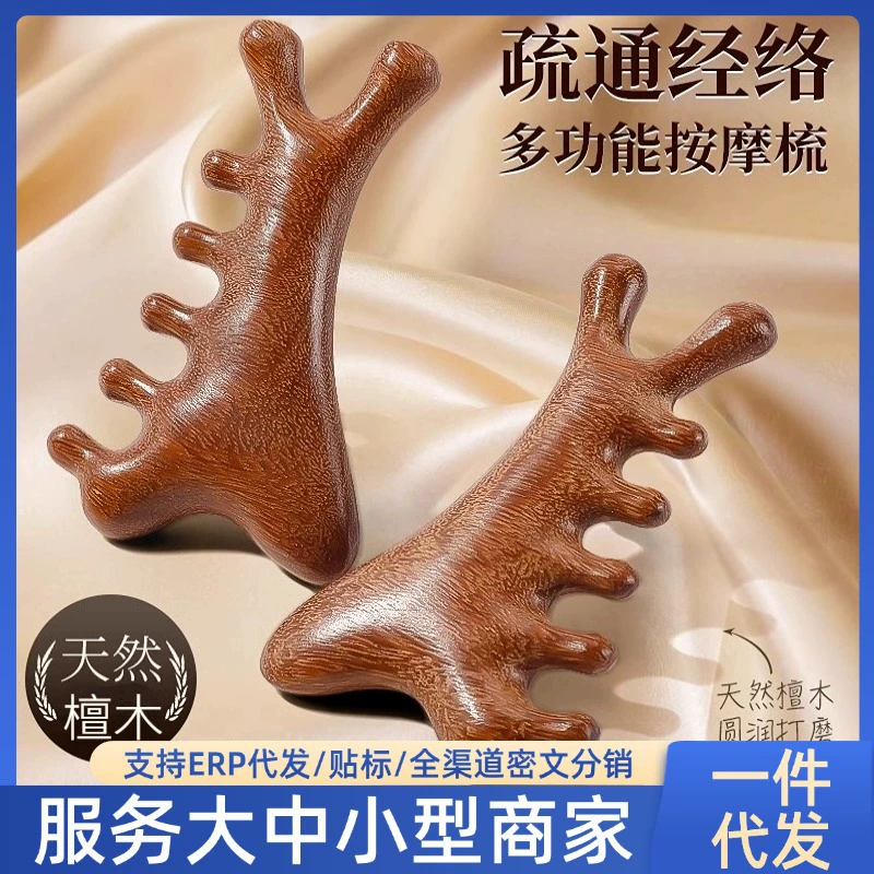 【Трендовый товар】Массажная расческа «четыре в одном» из сандалового дерева для терапии головы, Гуа Ша, волшебный инструмент для очистки меридианов, расческа из сандалового дерева.