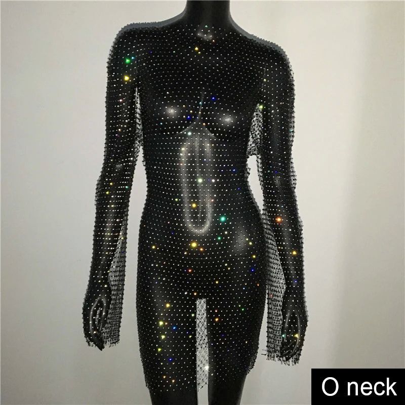 光沢のあるラインストーングリッドフィッシュネットドレス長袖Oネックホル|undefined