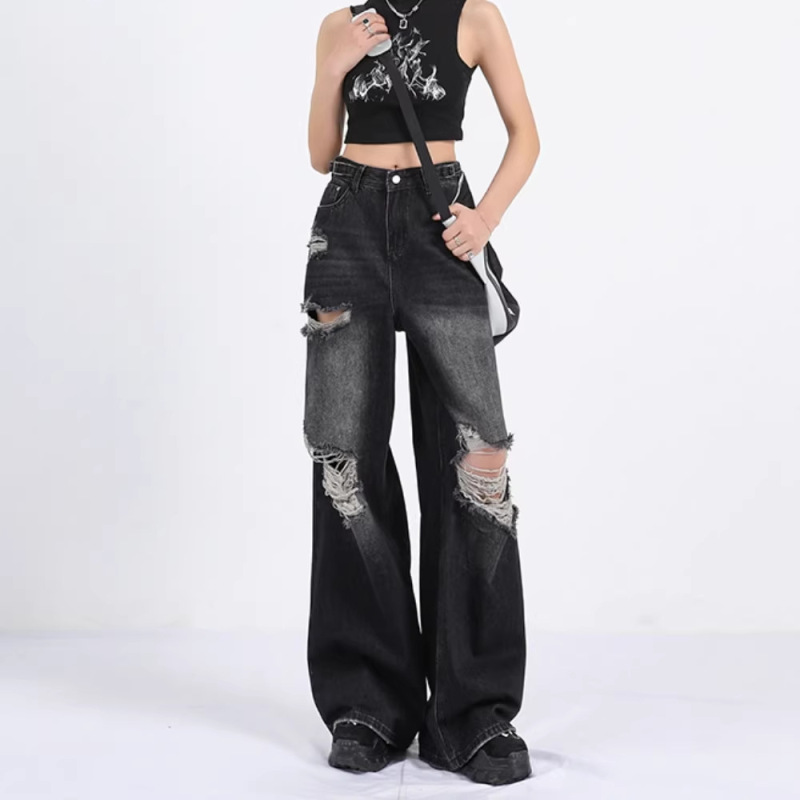 American High Street Style Black Ripped Jeans for Women, New Summer Trendy Brand Straight Loose Versatile Floor-Length Wide-Leg Pants