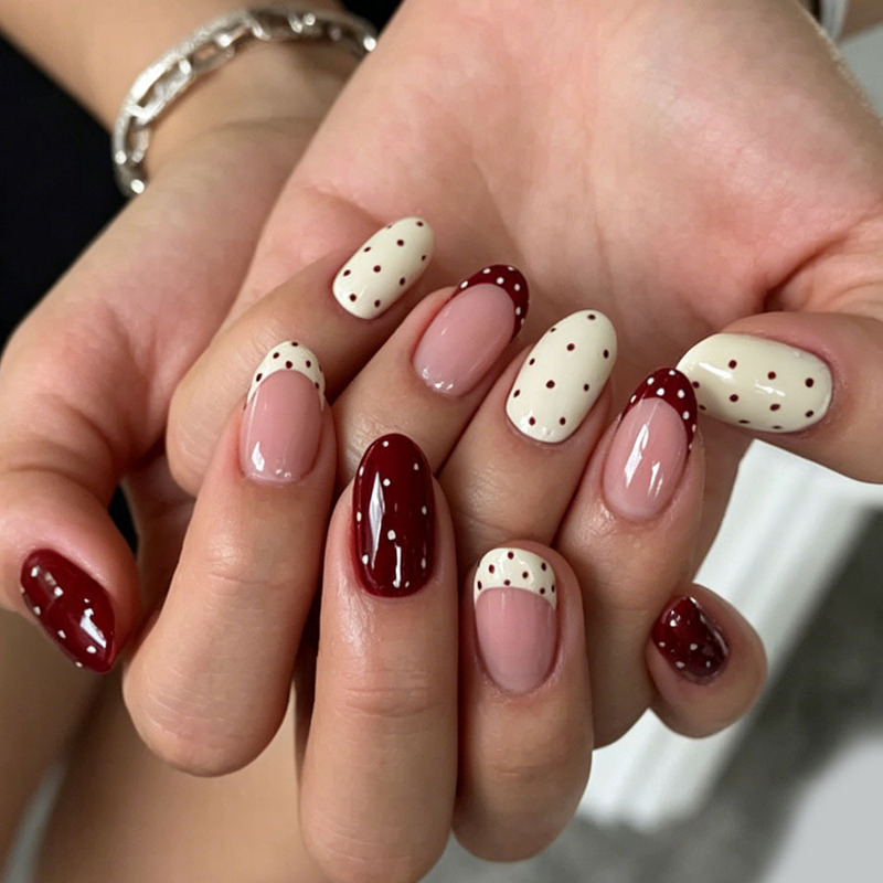 24-piece cross-border European and American oval press-on nails Y2K red and white French colorful polka dot minimalist style nail tips wholesale 24-piece cross-border European and American oval press-on nails Y2K red and white French colorful polka dot minimalist style nail tips wholesale