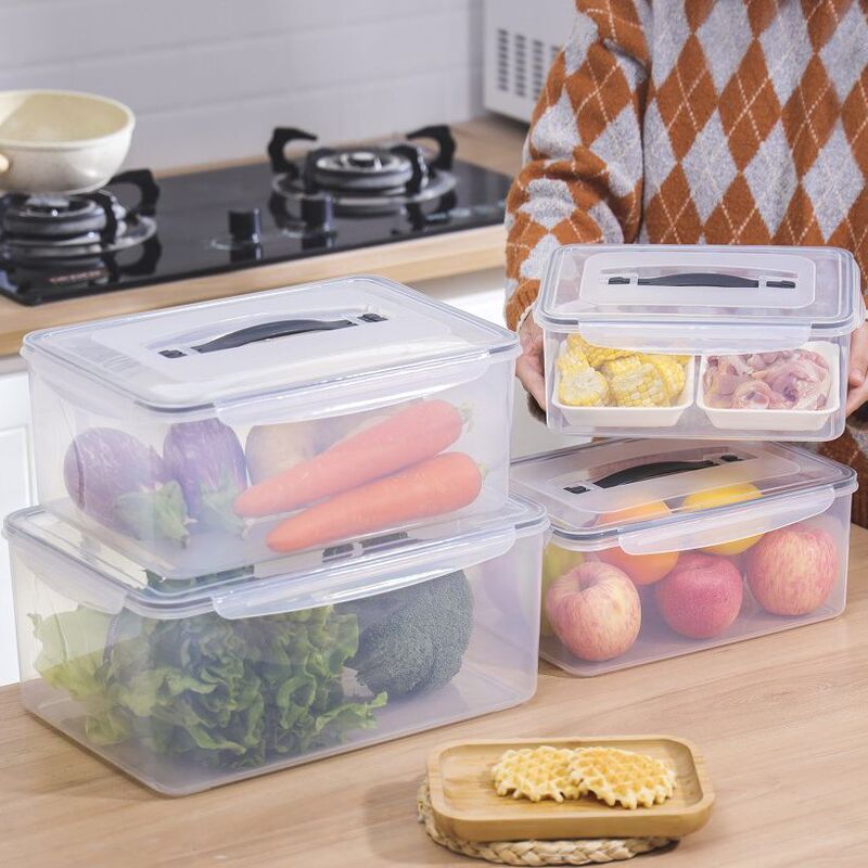 台所の果物と野菜の収納ケース家庭用冷蔵庫の手提げ保冷ケースに透明な蓋付き収納ケースを重ねて卸売りすることができる|undefined