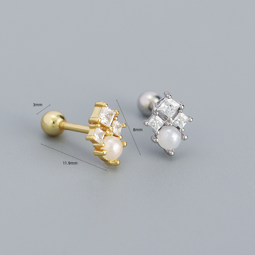 Holiday, Daily Occasion 1 Pair 925 Sterling Silver Imitation Pearl Zircon Geometric Ear Studs