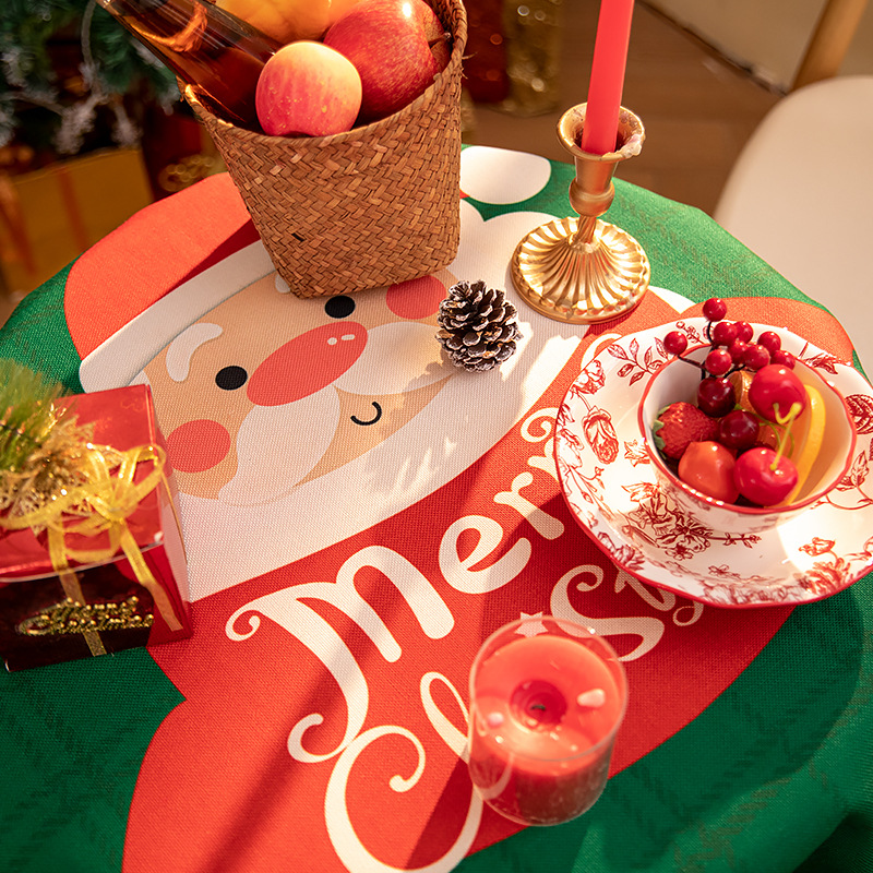 耶诞圆桌布节日气氛餐桌桌布防水棉麻红色桌布电视柜茶几布北欧风