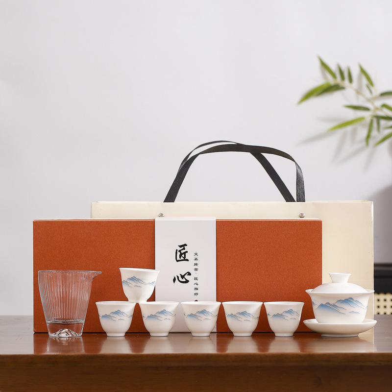 White Porcelain Jade Kung Fu Tea Set Tea Set Household Chinese Hover Cover Bowl Tea Cup Ceramic Business Souvenir
