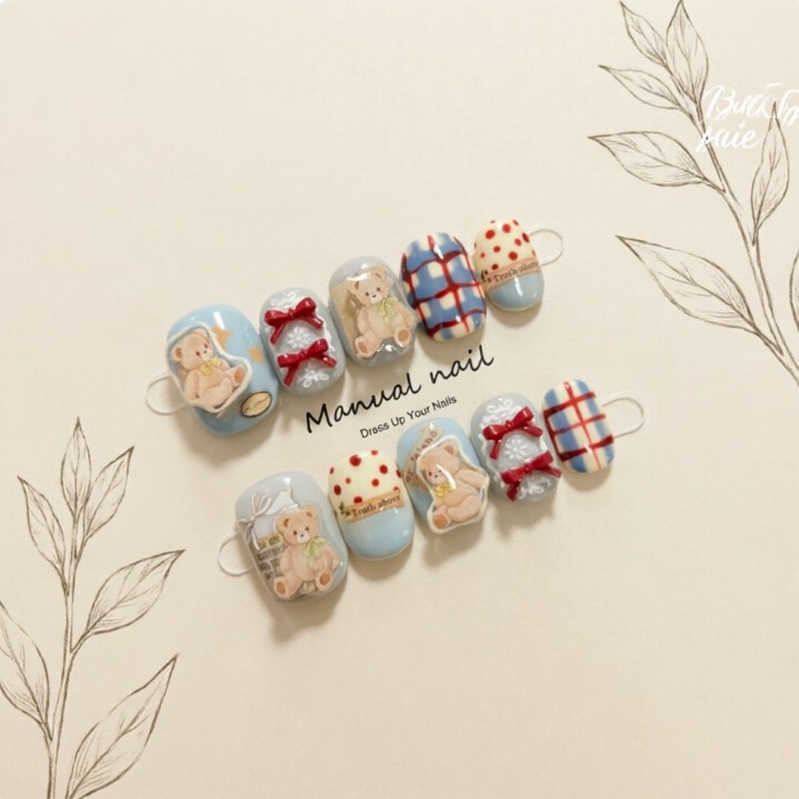 Cute Bear Korean-Style Ins-Inspired Girly 3D Bowknot Nail Stickers with Plaid and Cartoon Designs Cute Bear Korean-Style Ins-Inspired Girly 3D Bowknot Nail Stickers with Plaid and Cartoon Designs