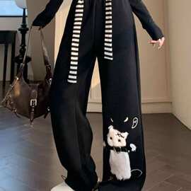 大码可爱猫咪刺绣休闲长裤女秋冬新款美式慵懒风垂感宽松直筒裤子