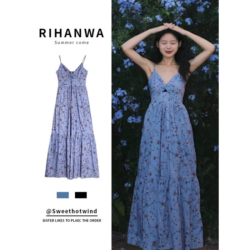 2025流行爆款字长裙子春夏装女新款吊带裙领茶歇法式碎花连衣裙