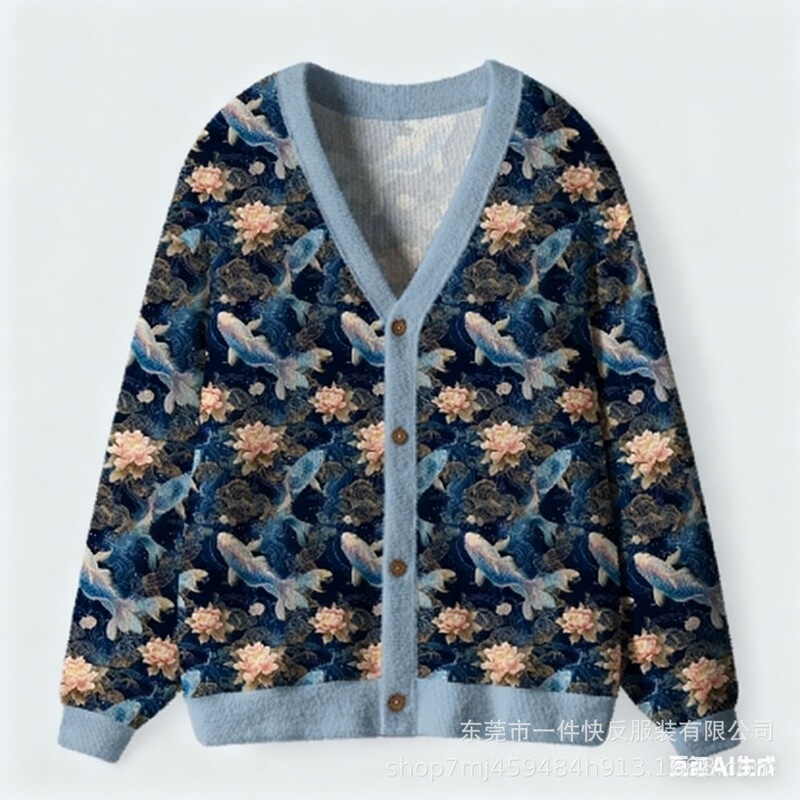 New men's cardigan sweater with floral and cartoon animal prints for autumn, V-neck long-sleeve top for cross-border independent stores New men's cardigan sweater with floral and cartoon animal prints for autumn, V-neck long-sleeve top for cross-border independent stores