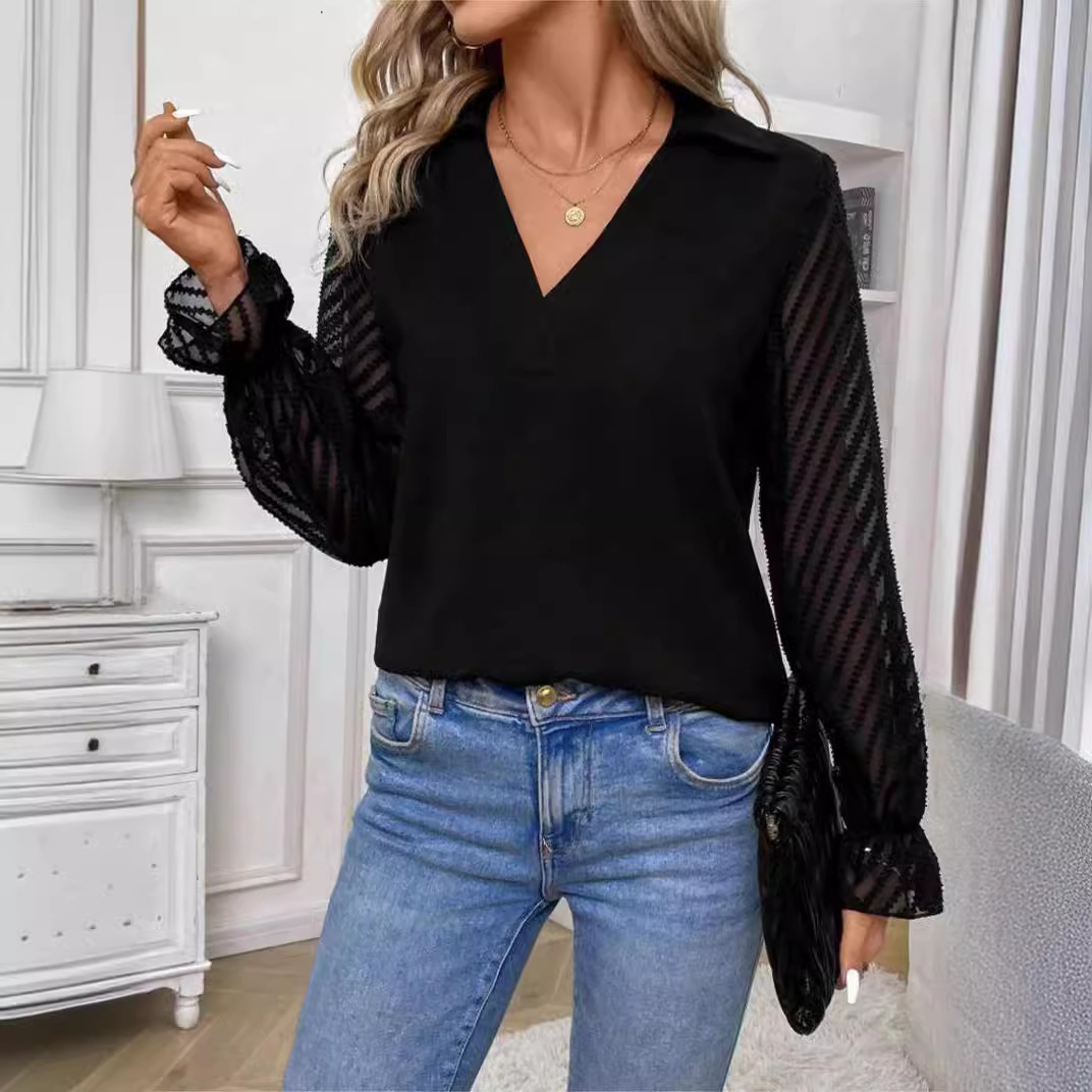 European and American Cross-border Independent Station Hot Sale Long Sleeve V-Neck Stitching Lace Pullover Casual Shirt for Women