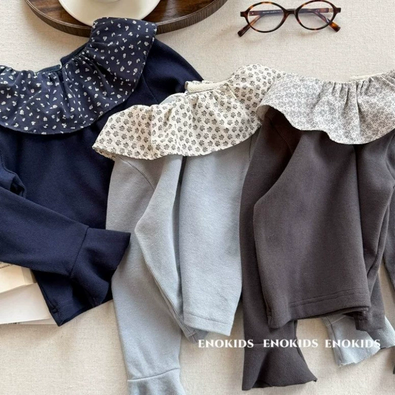 25 весенних девушек с цветочным воротником лотоса нижняя рубашка 1-8 лет Мори корейская версия футболки с длинными рукавами