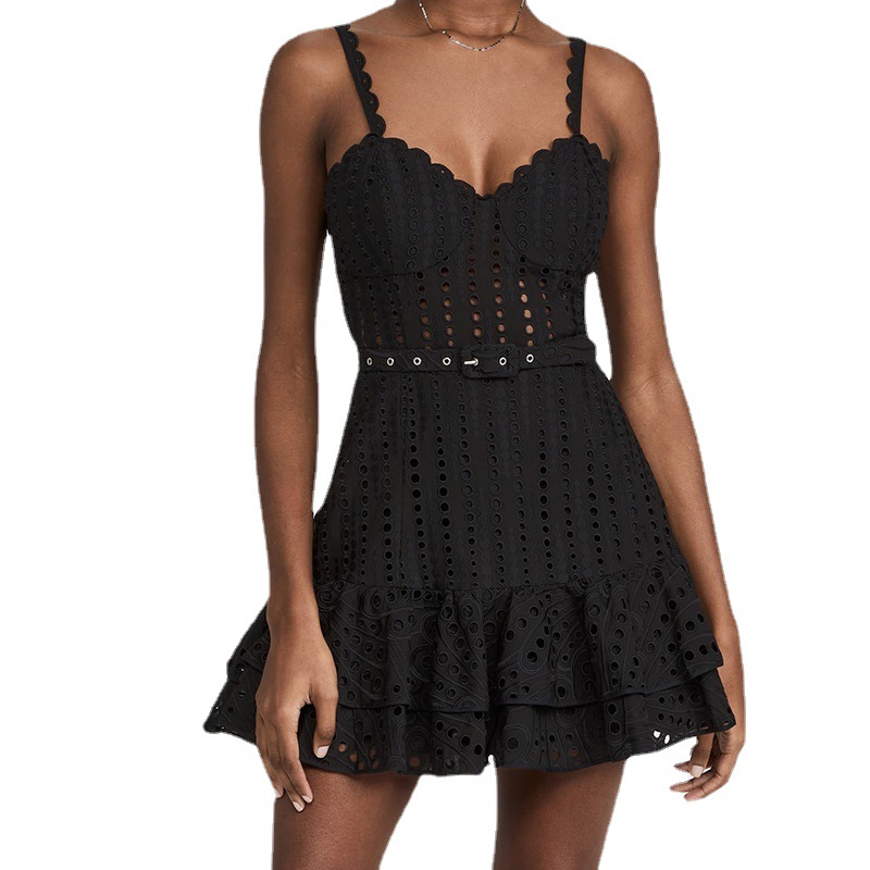 2026 Summer New Style Heavy Embroidery Sexy Ruffle Strap Dress, Slimming Waist, Elegant Short Dress For Women_ecoleips.com