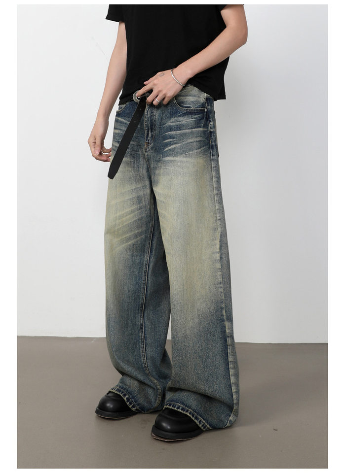 Quần jeans nam dáng rộng ống đứng phong cách retro Mỹ, giặt mài làm cũ — Màu xanh dương chi tiết 16