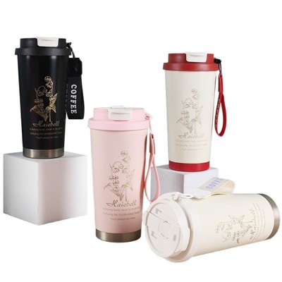 316不锈钢保温杯双饮随行水杯高颜值吸管杯铃兰花咖啡杯便携杯子