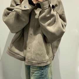 美式复古短款麂皮绒外套女春秋季新款慵懒中性风宽松夹克上衣