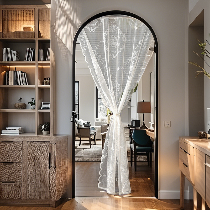 New Lace Curtain French High-grade White Round Mirror Flower Embroidered Curtain Decorative Partition Curtain