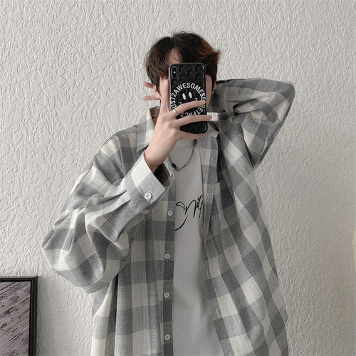 Men's Long Sleeve Grid Shirt in Autumn, Ins Style, Hong Kong Gangster Chic, Casual Collar Shirt, Korean Version, Trendy, Versatile Design, Small Shirt