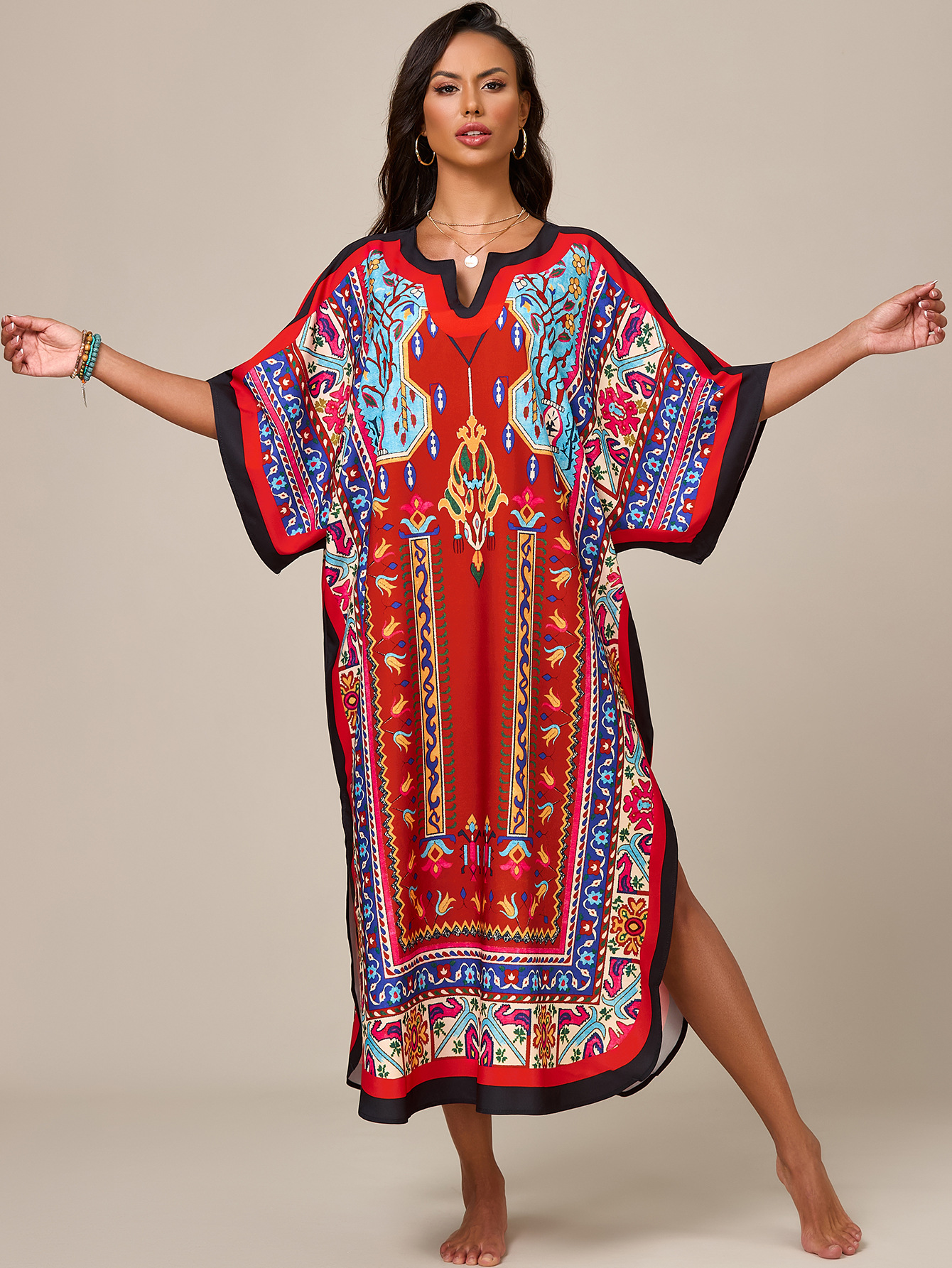 Blusa de playa europea y americana transfronteriza, impresión de posicionamiento, estilo étnico, túnica de Oriente Medio, vestido de comercio exterior suelto de gran tamaño 1011