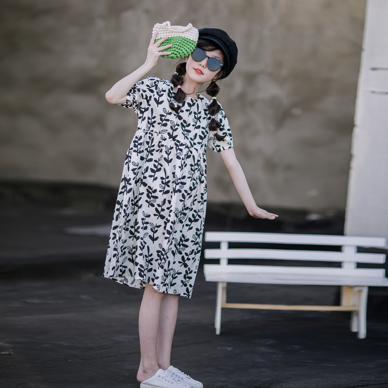 Faldas para niñas verano 2024 nuevo estilo vestido de algodón puro para niñas vestido largo francés de manga corta para vacaciones