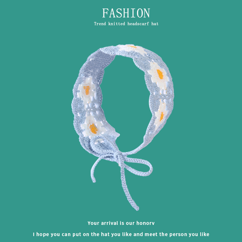 韓版甜美少女氣質綁帶頭巾手工針織鈎花鏤空花朵頭巾潮流髮帶髮飾