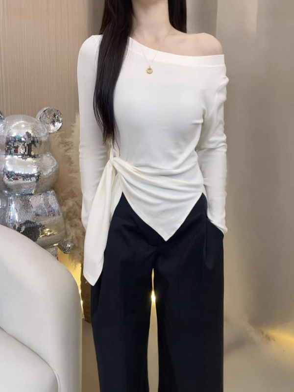 韩系设计感一字肩长袖T恤女2025早秋新款修身显瘦百搭上衣女|undefined