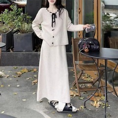 韩版圆领系带针织套装女秋冬新款宽松慵懒风开衫高腰半身裙两件套