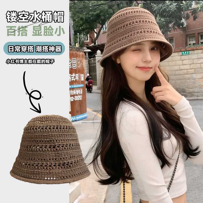 Summer New Style Hollow-Out Retro Hat for Women, Korean Style Bucket Hat, Fashionable Solid Color Fisherman Hat, Stylish Sun Protection Sunshade Hat