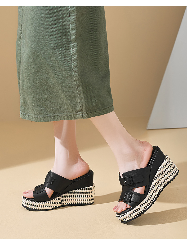 Sandal cao gót nữ đế xuồng da thật quai khóa mũi hở — màu đen, màu nâu nhạt, Trắng kem- chi tiết 2