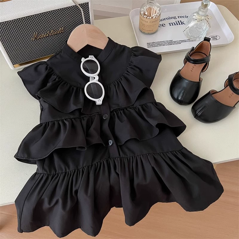 Summer Clothes 2025 Girls' Clothing New Style Lotus Leaf Small Flying Sleeves Cake Niche Little Black Dress French Dress Dropshipping