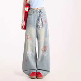 【韩牛】新塘美式趣味潮牌水洗裤子百搭直筒阔腿卡通刺绣牛仔裤女