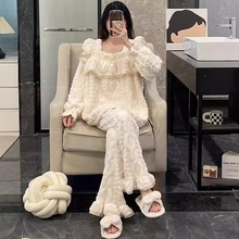 公主风睡衣女款秋冬季珊瑚绒加厚加绒长袖甜美杏色花边家居服套装