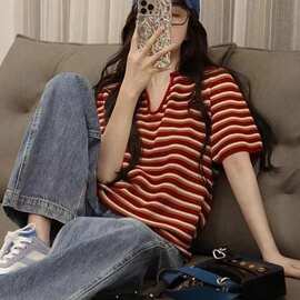 红色条纹正肩短袖恤女夏季新款设计感别致短款上衣