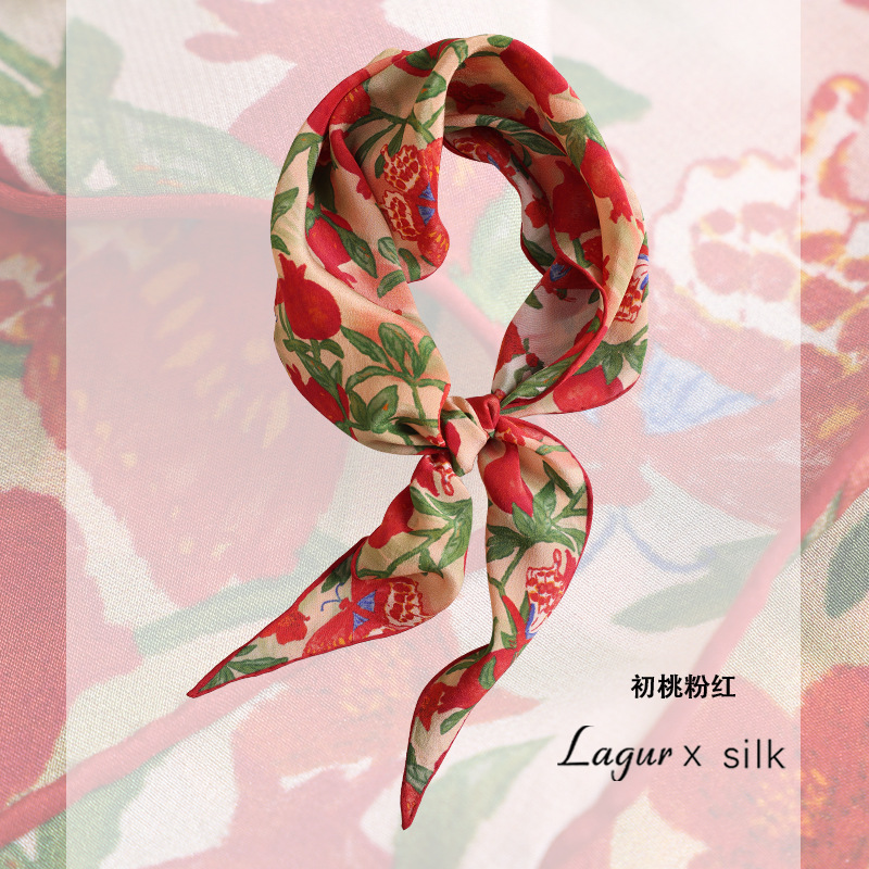 Butterfly Pomegranate' 100% Mulberry Silk Triangle Scarf, Silk Crepe Hemmed Diamond Scarf For Women, Luxury Style - Thumbnail 7