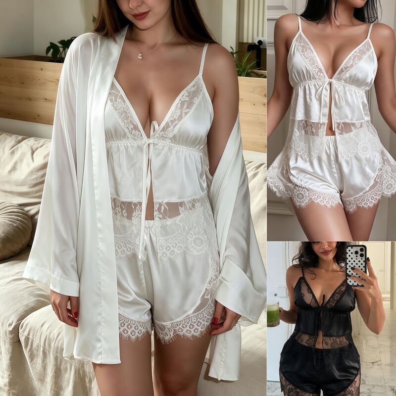 Light luxury comfortable stretch satin plus-size pajama robe, morning robe, bathrobe, women's home wear, sexy lace camisole short
