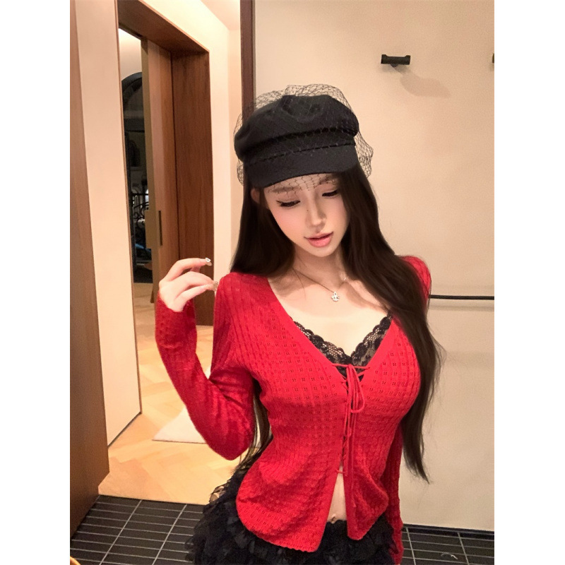 Xin Keda Love Ring Bell 100% Lyocell Hollow Lace-Up Layered Knit Sweater Women's Autumn Lace Bralette