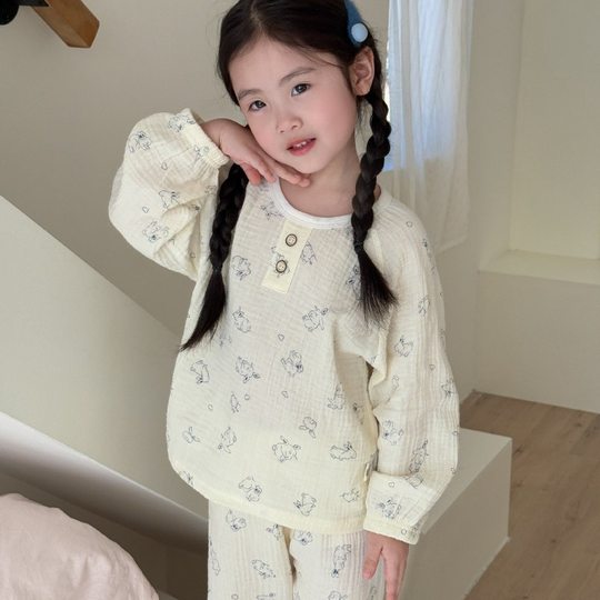 New Children's Double Gauze Home Clothes Boys and Girls Cotton Yarn Long Sleeve Pajamas Cotton Pullover Gauze Air-conditioning Clothing Set