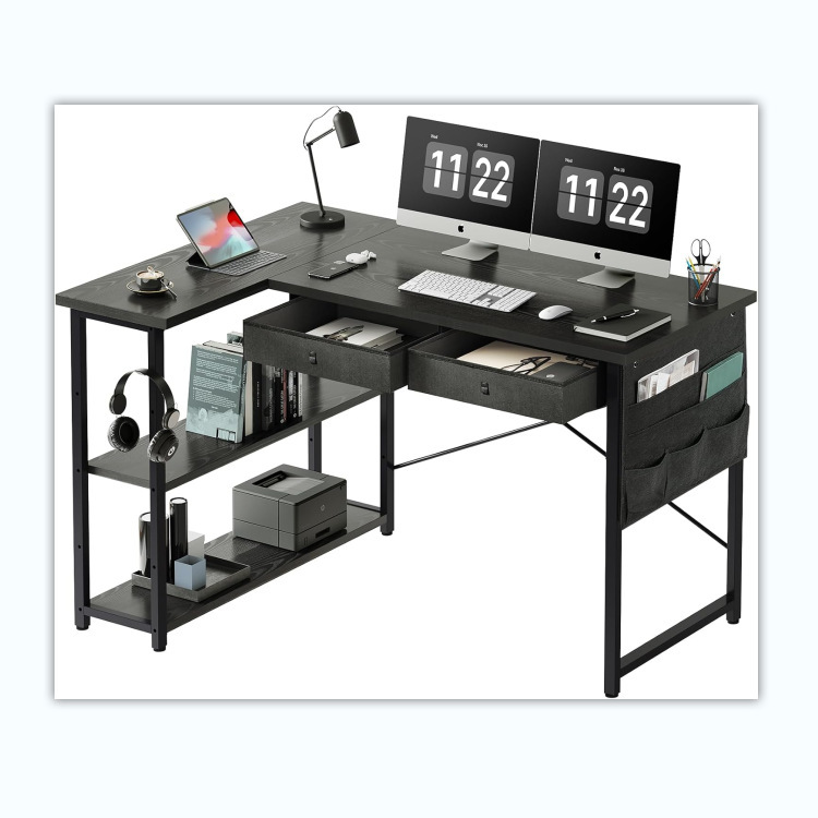 Small Desk with Drawer, 39" Corner Desk with Storage, Shelves and Side Pockets, Study