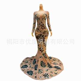 大裙摆优雅红毯闪亮水钻欧美礼服酒会派对夜场长裙演出黑金翡翠