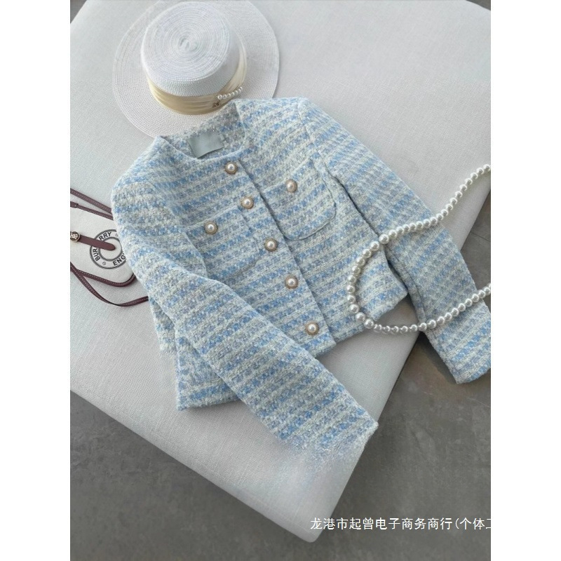 Gentle Milk Blue Pearl Button Chanel-Style Jacket, Elegant Women's Spring and Autumn Tweed Woven Short Blazer