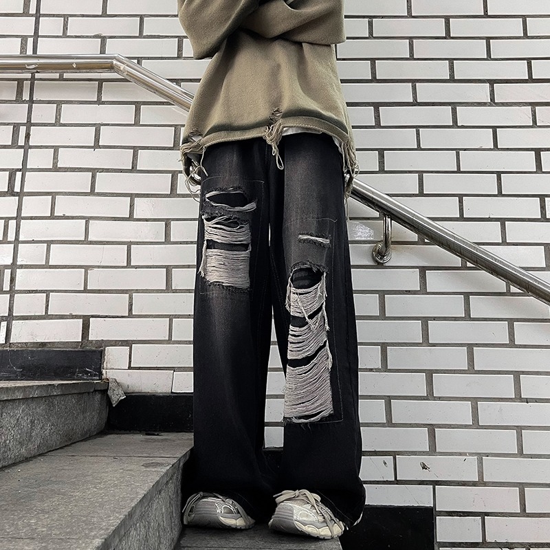 Spring And Autumn Distressed Jeans For Men, Casual Trendy Brand, Cool Washed High Street American Style Versatile Pants_mkmklike.com