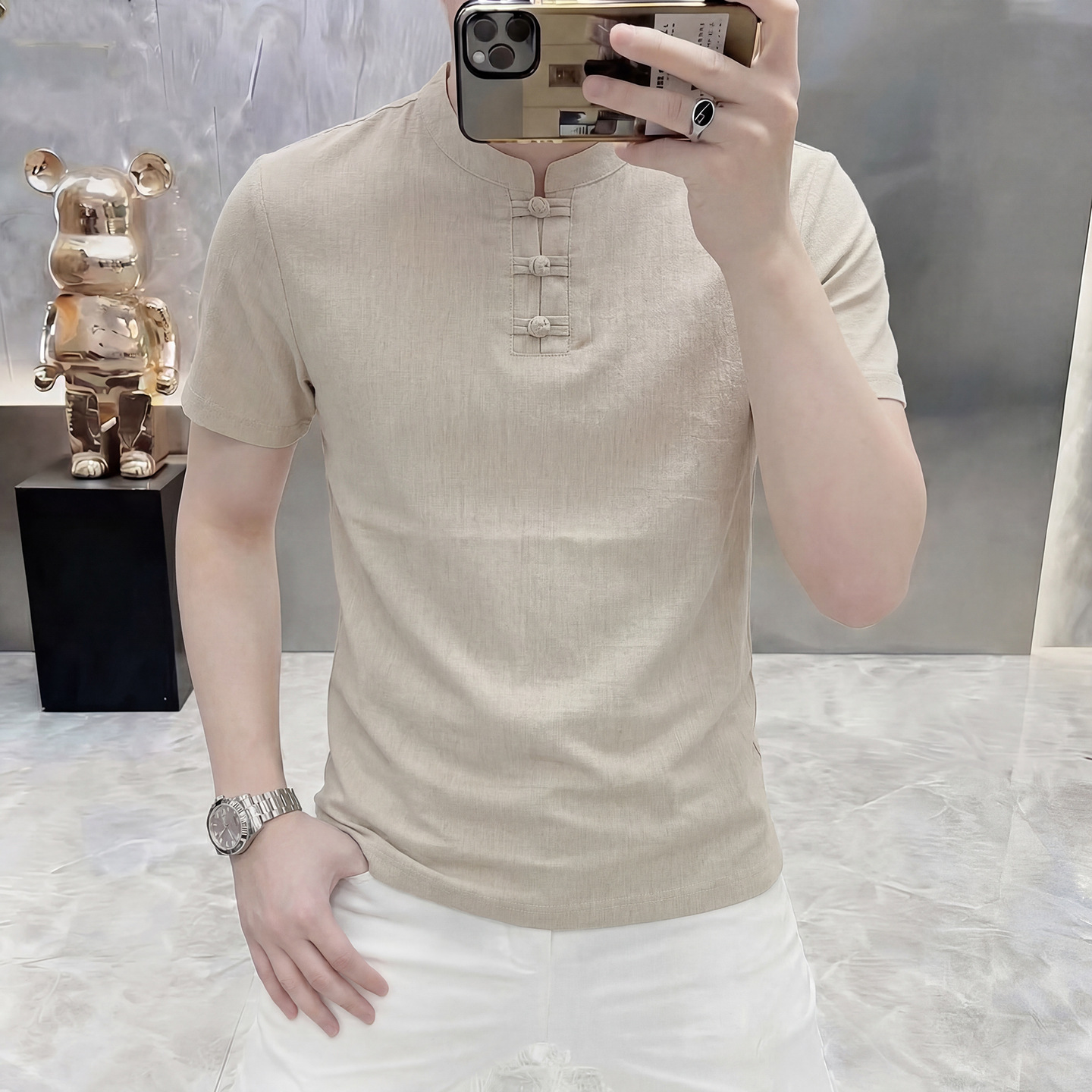 夏季男士盘扣立领短袖T恤复古唐装中国风民族服装新中式半袖上衣