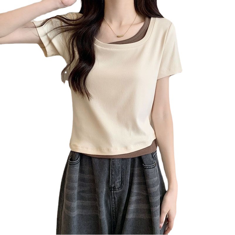 Camiseta de manga corta para mujer verano 2024 falso diseño de nicho de dos piezas, todo fósforo, estilo puro, delgado, top corto, delgado, delgado