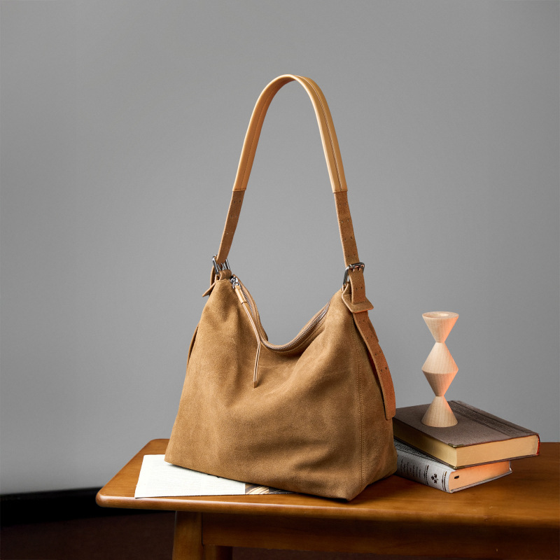 Suede Large Capacity Crossbody Bag For Women, Luxury Commuter Shoulder Bag, Casual Underarm Top Grain Cowhide Tote Bag - Thumbnail 4